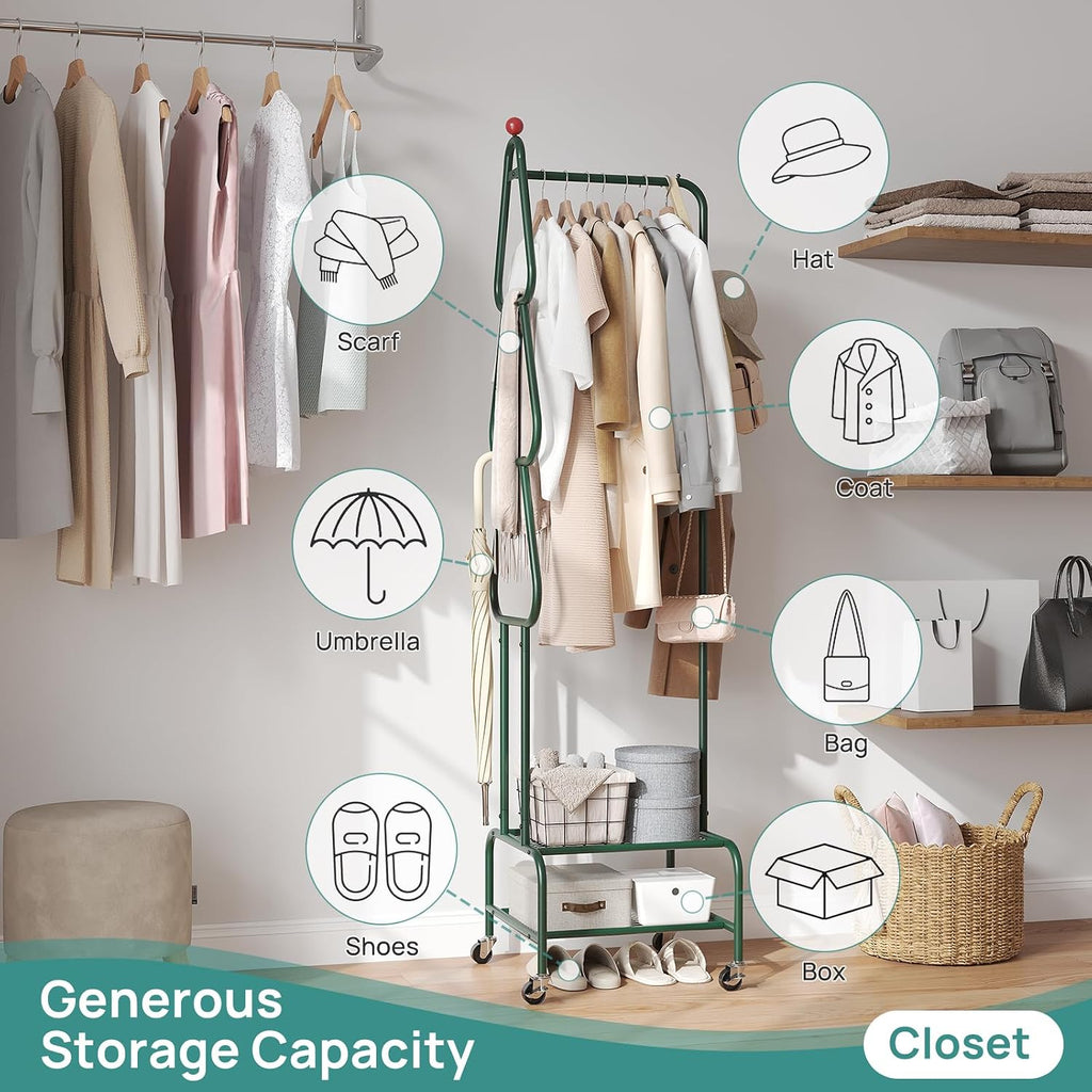 viewcare Coat Rack with Wheels, 4 Hooks Rolling Garment Rack, 360° Swivel Wheels with Brake, Heavy Duty Metal Rustproof for Entryway Bedroom