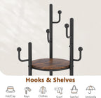 Hoctieon Coat Rack Freestanding, Round Coat Rack with 3 Wooden Shelves and 1 Fabric Basket, Metal Clothes Tree with 5 Hooks, Coat Hanger Stand for Clothes, Hats, Bags, Brown and Black