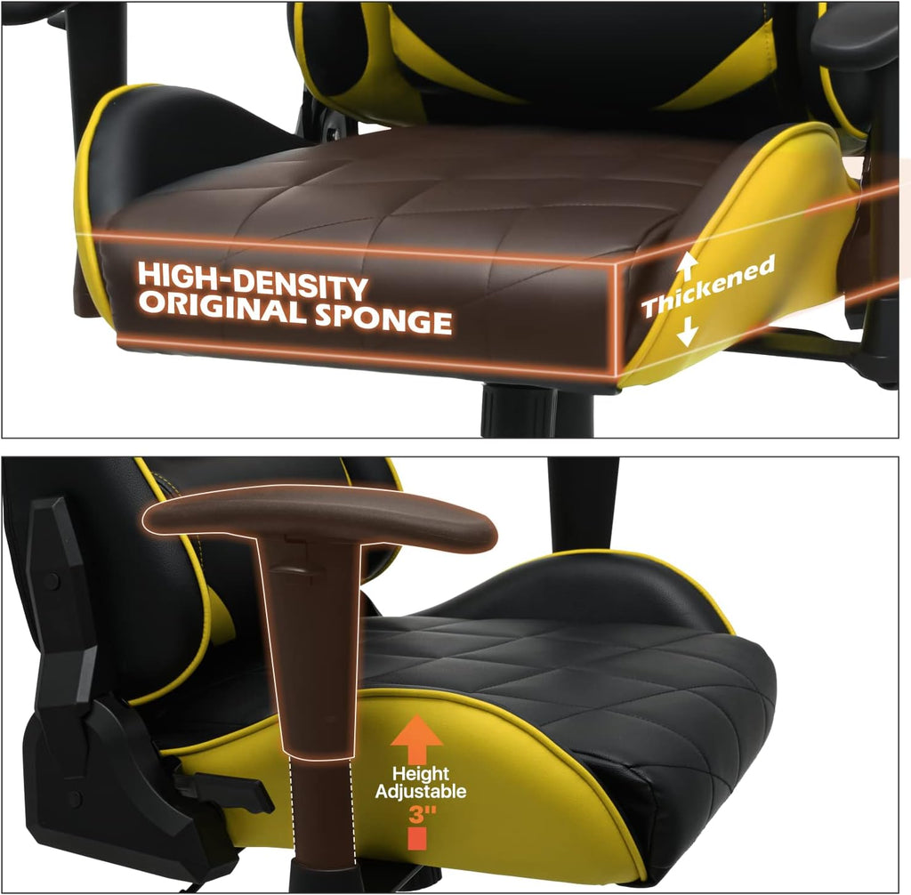 MoNiBloom Gaming Chair Racing Style High-Back Reclining Ergonomic Swivel Chair with Adjustable Headrest and Lumbar Support, PU Leather Executive Chair for Home Office Gaming, Yellow
