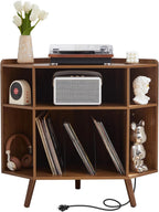 Corner Record Player Stand with Charging Station & USB Ports, 3 Tier Mid Century Modern Vinyl Record Storage Cabinet, Wood Turntable Stand for Music Room, Living Room, Small Space (Walnut)