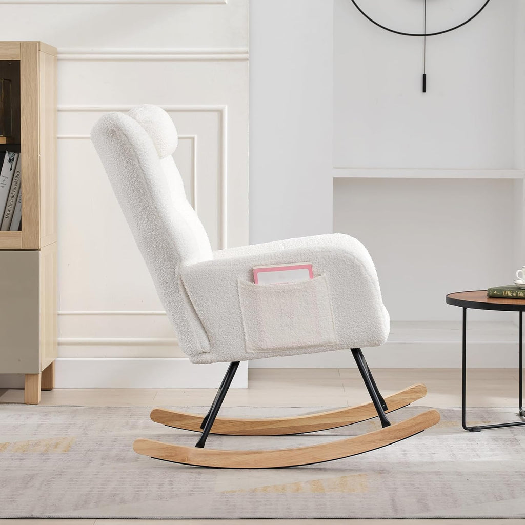 Nursery Teddy Rocking Chair, Soft Upholstered Glider Rocker for Adults, Space-Saving Nursing Chair for Living Room, Bedroom, and Classroom Use, Beige