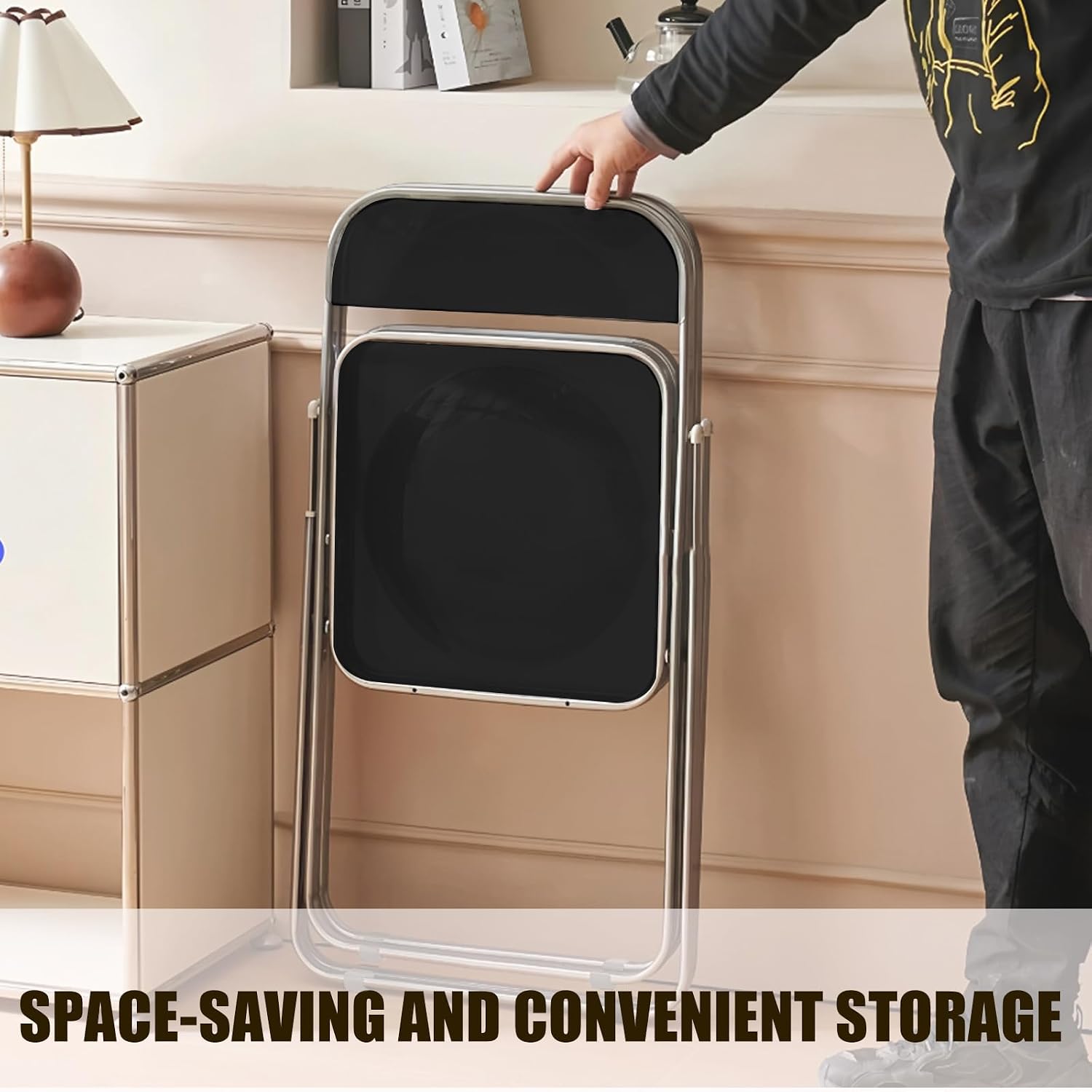 Folding Chair, 2 Pack Acrylic Chair, Black | Space-saving acrylic folding chair,easy fold & store.Holds up to 300 lbs,comfortable for home,office,parties and daily use.