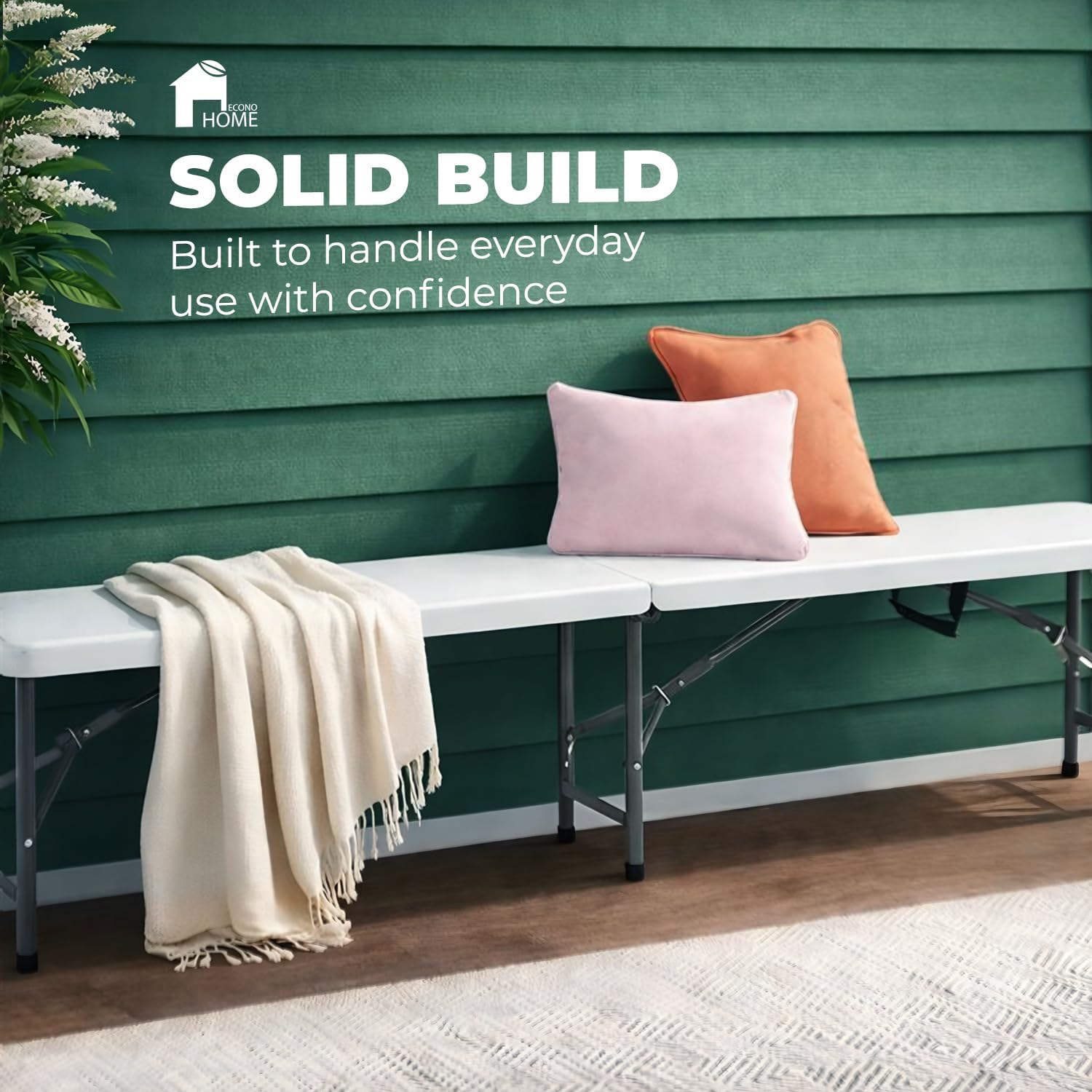EconoHome Portable White Folding Bench – Heavy-Duty, Lightweight, and Easy to Carry – Perfect for Indoor & Outdoor Events, Camping, Picnics, and Parties