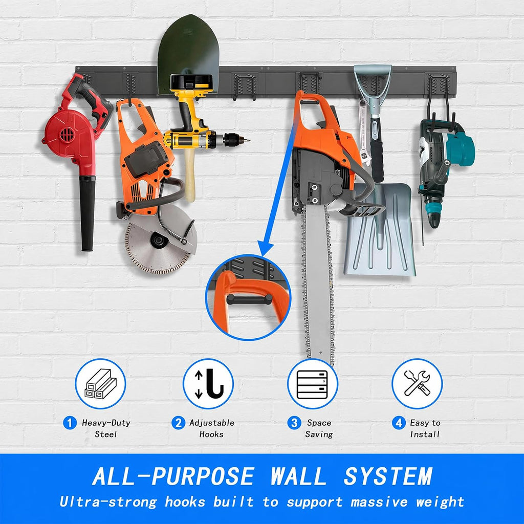 CBWLWJ 64 Inch Garage Tool Organizer Wall Mount, Heavy Duty Steel Storage Rack with 10 Adjustable Hooks, 680 lbs Capacity for Garage, Shed, Basement, Workshop,（Black）