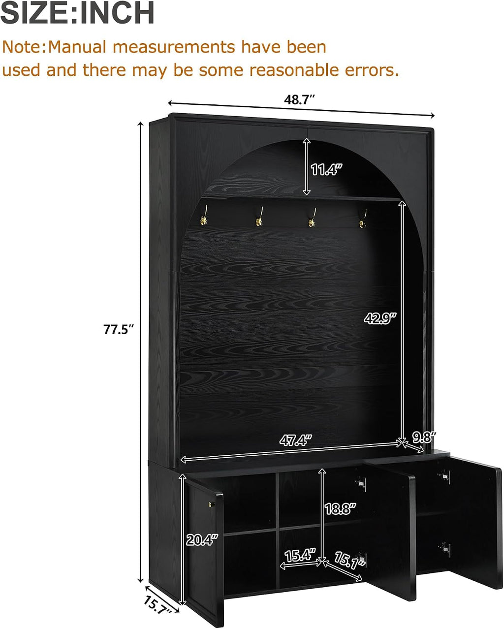 Merax Farmhouse Hall Tree with Bench and 3 Cabinets, 4-in-1 Entryway Coat Rack with 4 Golden Hooks and Top Compartments, 77.5" Retro Arched Entryway Hall Tree for Hallway, Mudroom, Entrance, Black