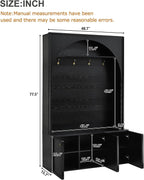 Merax Farmhouse Hall Tree with Bench and 3 Cabinets, 4-in-1 Entryway Coat Rack with 4 Golden Hooks and Top Compartments, 77.5" Retro Arched Entryway Hall Tree for Hallway, Mudroom, Entrance, Black