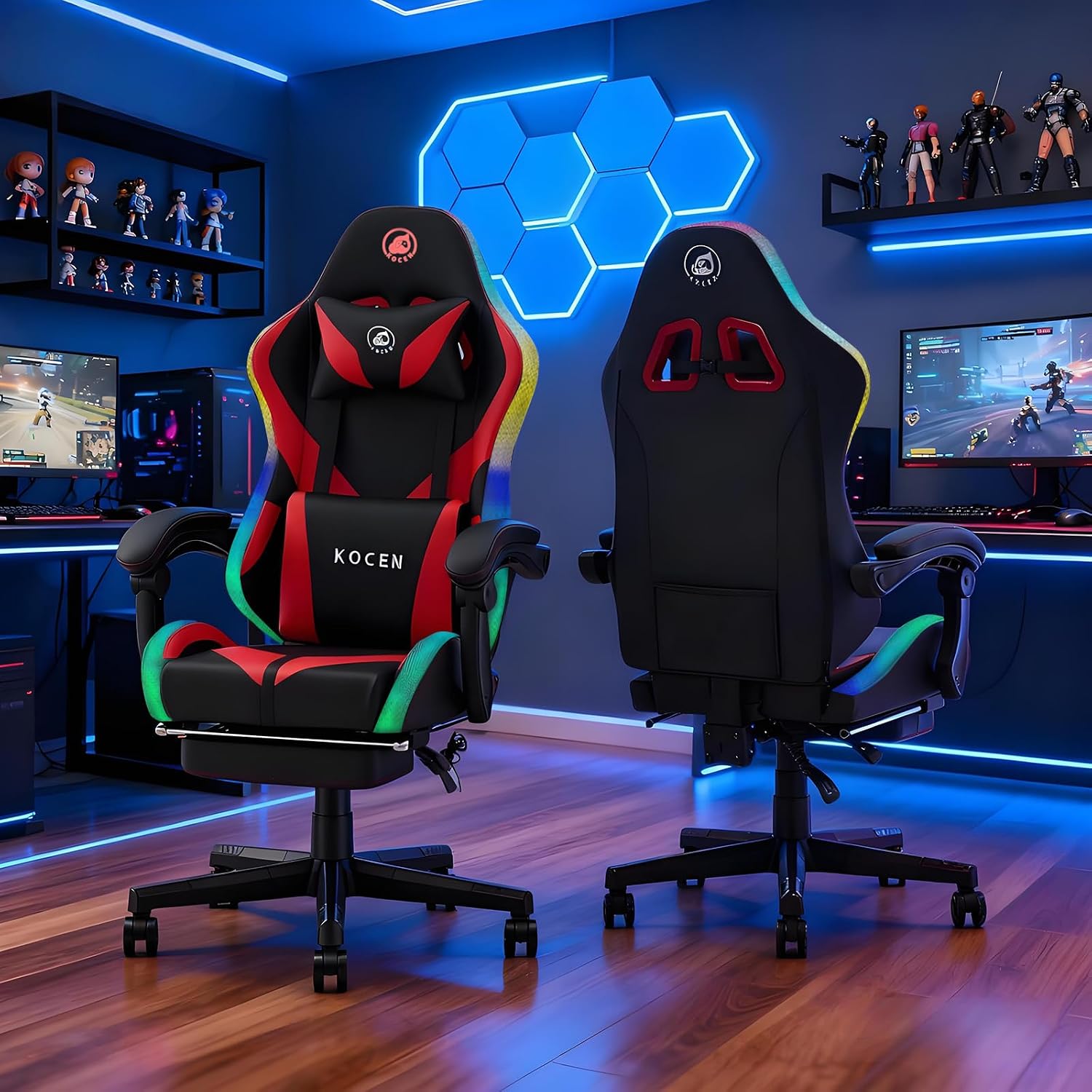 Kechen Gaming Chair, LED Light Gaming Chair with Footrest and Massage, Big and Tall Computer Chair with Lumbar Support, Gaming Chairs for Adults with Pocket Spring Cushion (LED Light, Red/Black)