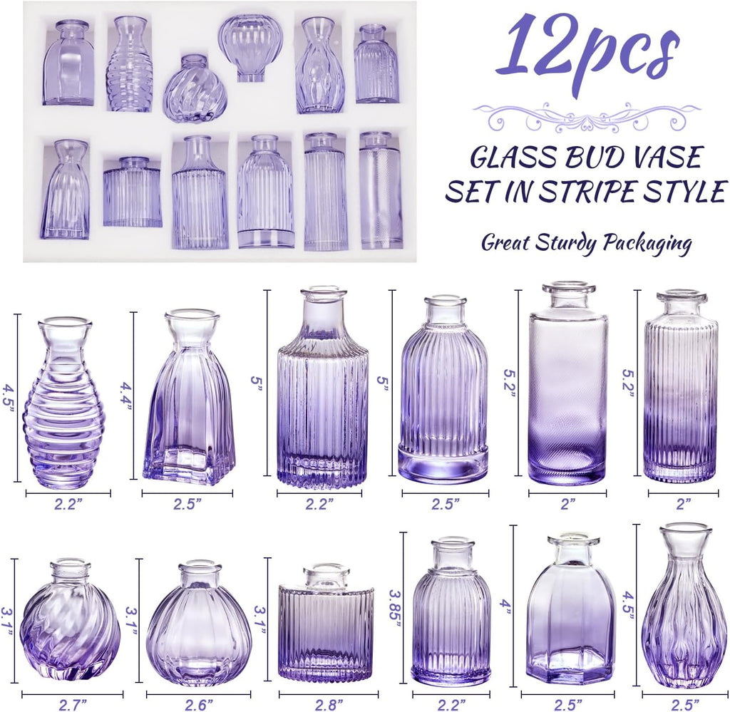 Glass Bud Vases Set of 12, Small Purple Vase Glass Vases for Flowers Modern Ribbed Colored Bud Vase for Decor Wedding Flower Vase in Bulk Vintage Decor Bridal Shower Centerpieces Home Table Decoration