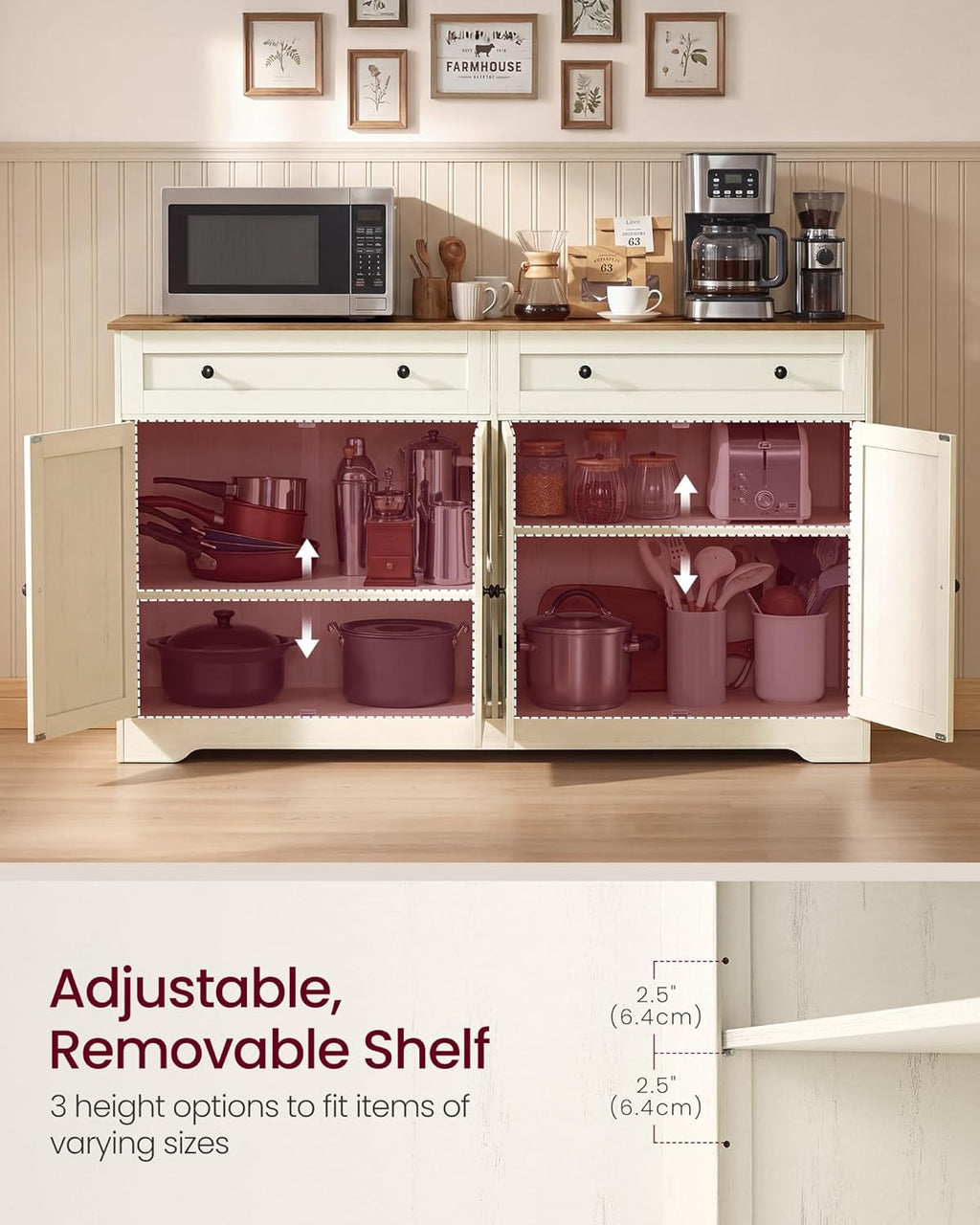 VASAGLE Siren Collection - Buffet Cabinet, Farmhouse Coffee Bar Cabinet with 2 Drawers, Adjustable Shelves, 4 Doors, Sideboard, 15.8 x 55.1 x 31.5 Inches, Rustic White and Honey Brown ULSC541WJ01S