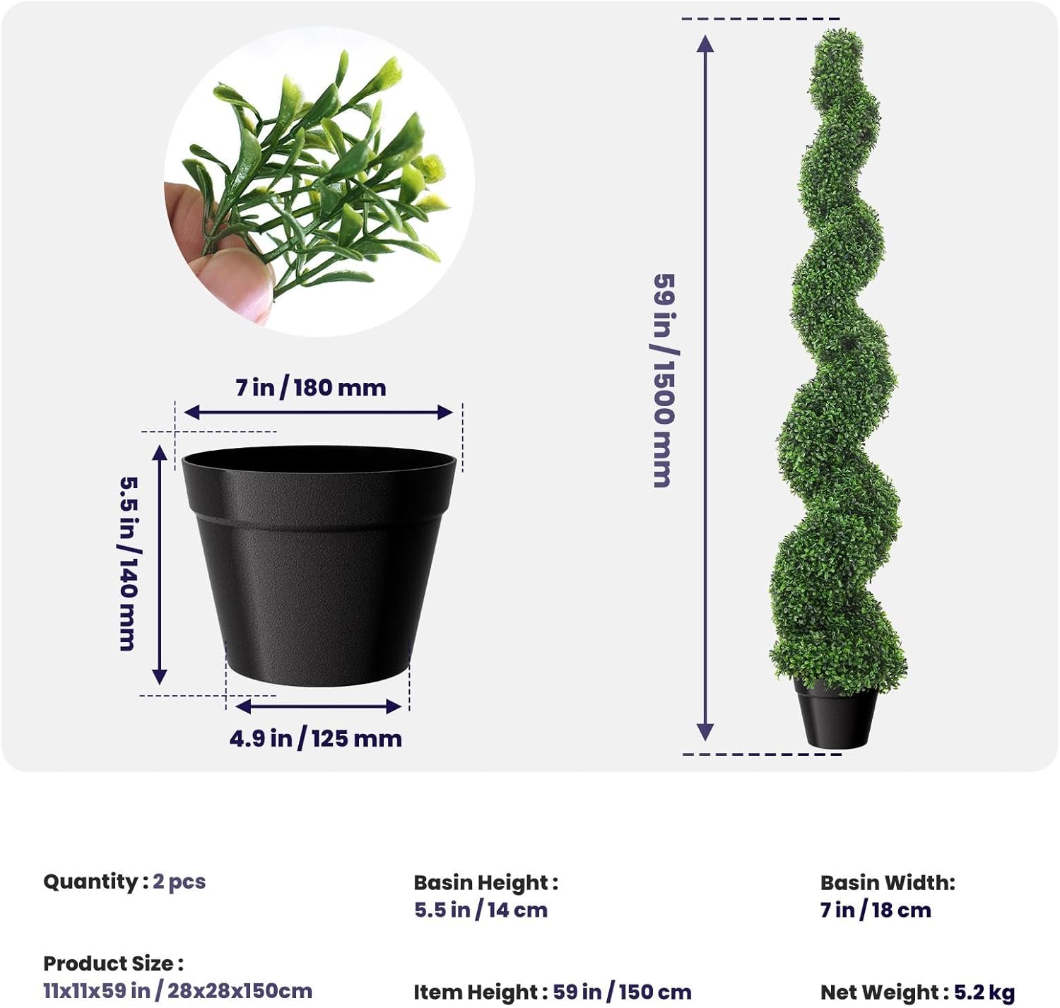 5ft Artificial Boxwood Spiral Tree Set (2 Pcs), Artificial Topiary For Outdoors With Weighted Pot, Outdoor Artificial Plants For Outdoor & Indoor Decoration, Boxwood Topiary, Artificial Outdoor Plants
