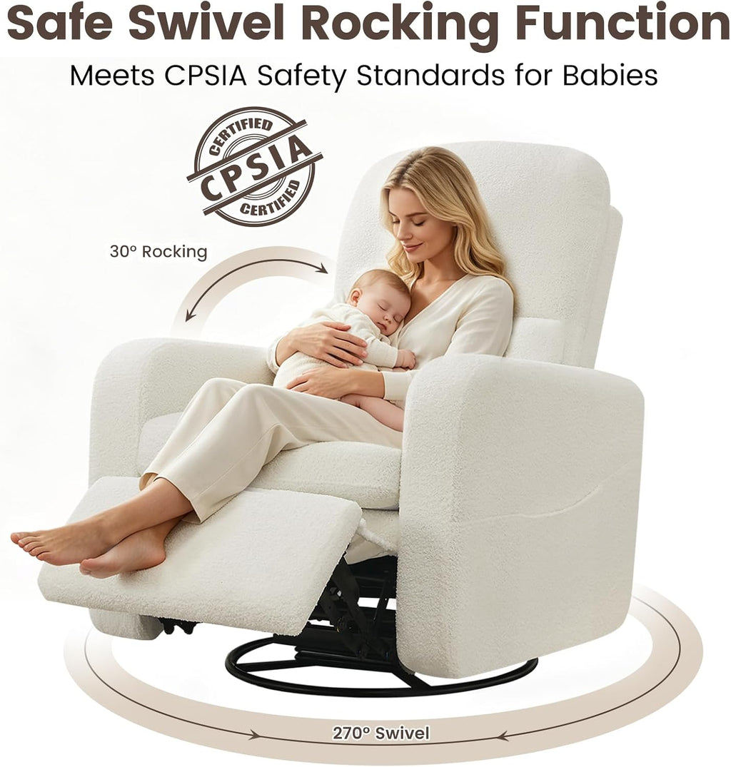 Manual Swivel Rocker Recliner, Swivel Glider Nurseryc Recliner Chair with Lumbar Support, Upholstered Rocking Recling Chairs for Adults Nursery, Living Room, Bedroom, Teddy White