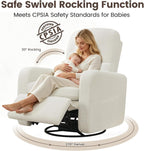 Manual Swivel Rocker Recliner, Swivel Glider Nurseryc Recliner Chair with Lumbar Support, Upholstered Rocking Recling Chairs for Adults Nursery, Living Room, Bedroom, Teddy White