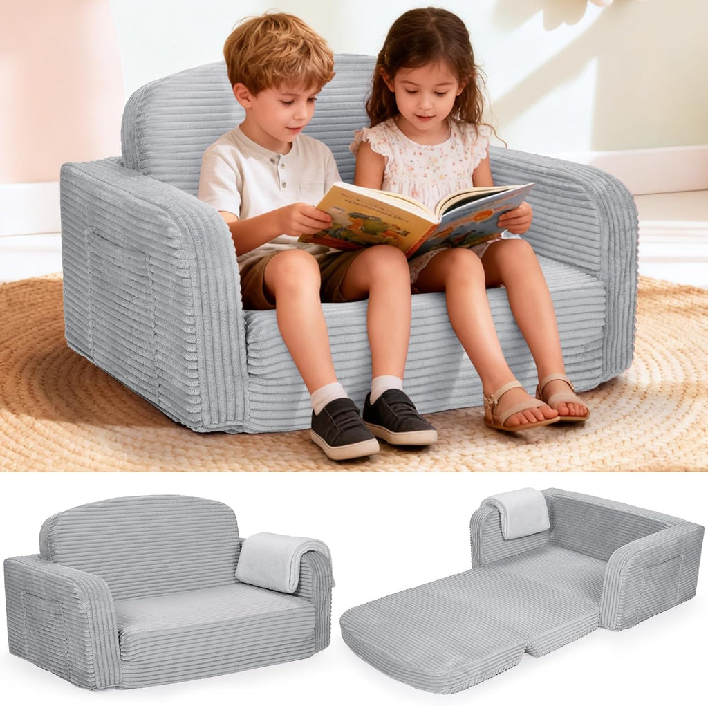 Foryoomi Extra Wide 2 in 1 Convertible Toddler Kids Couch - Corduroy Fold Out Kids Sofa Chair with Blanket, Comfy Comfortable Toddler Chair, Machine-Washable Cover, for Boys Girls, Grey