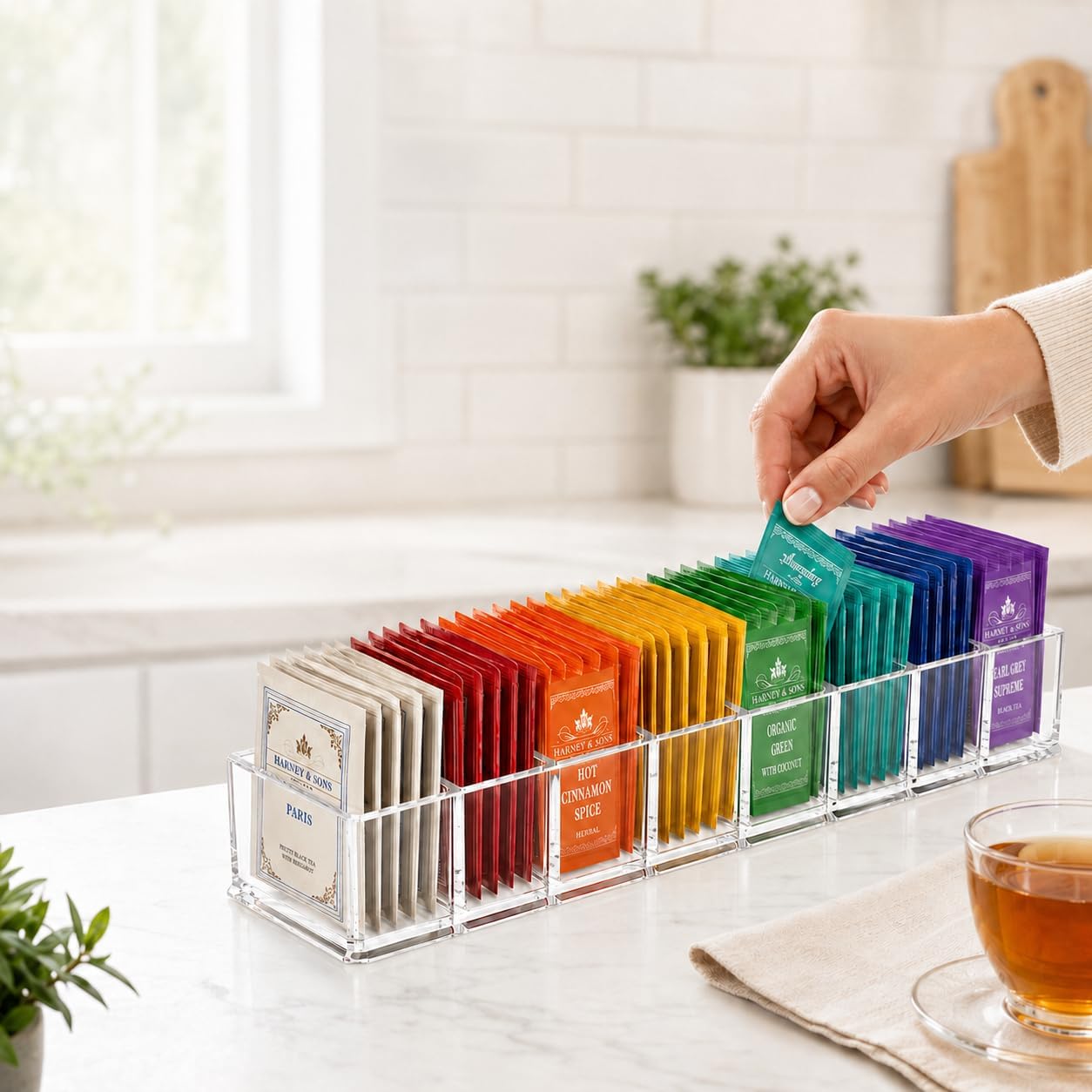 Tea Bag Organizer, Clear Pantry Storage Box with 8 Compartments, Matcha Station, Storage Bins for Drawers, Countertops, Fridge, Kitchen, Snack & Spice Organization