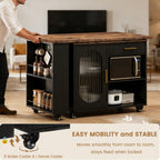 HSH 71” Rolling Kitchen Island with Storage Seating on Wheels, Rustic Brown | Mobile Island Cart With 360° Swivel Tabletop, With Power Outlet, Storage Cabinet, Open Adjustable Shelves Fit In Microwave
