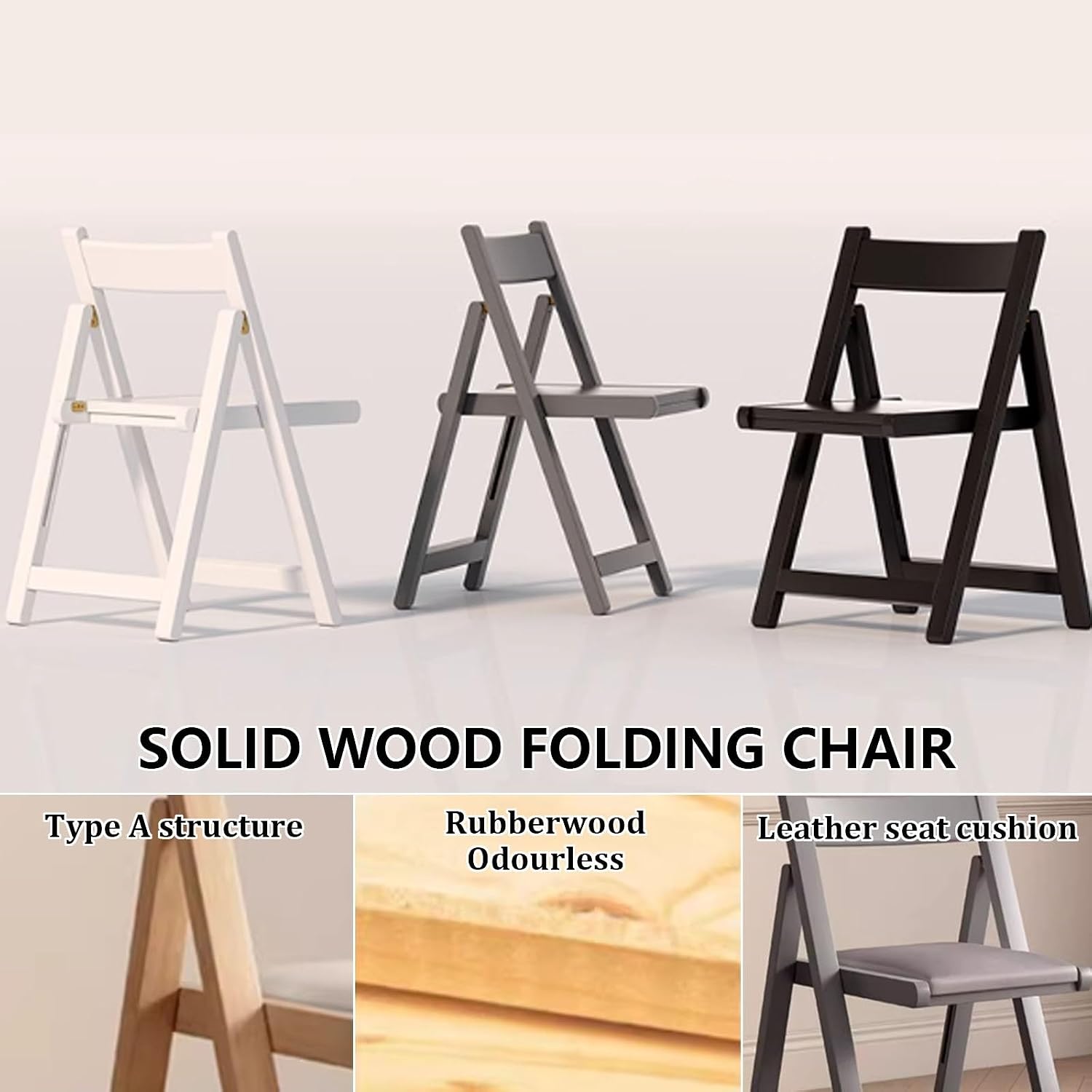 JSWHYBD Light Weight Folding Chair Wooden Folding Chair A-Frame Structure Stable and Durable Leather Seat Cushion Suitable for Parties Home and Office Use(White+Off-White)
