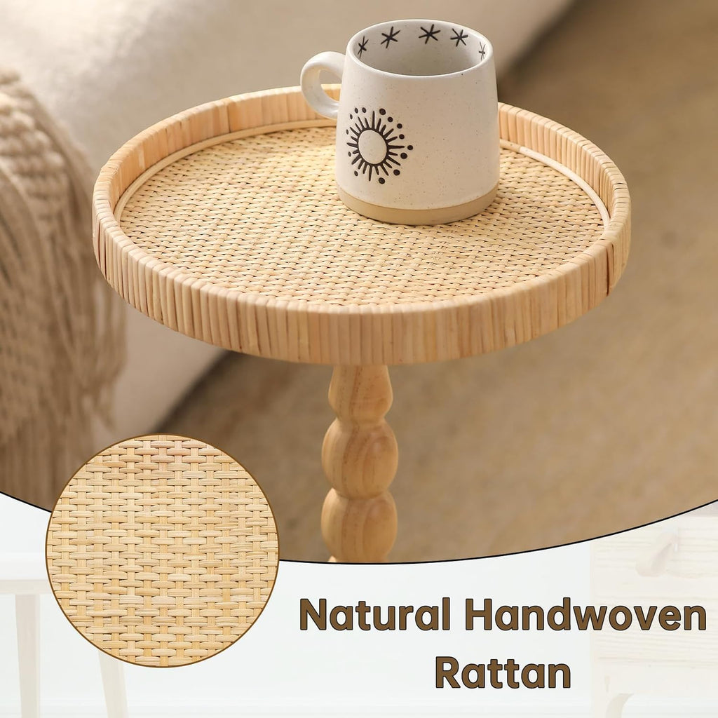 Small Drink Table, Rattan Round Side Table for Small Spaces, Boho Accent Table End Table with Solid Wood Leg for Living Room, Nightstand Table for Bedroom, Corners