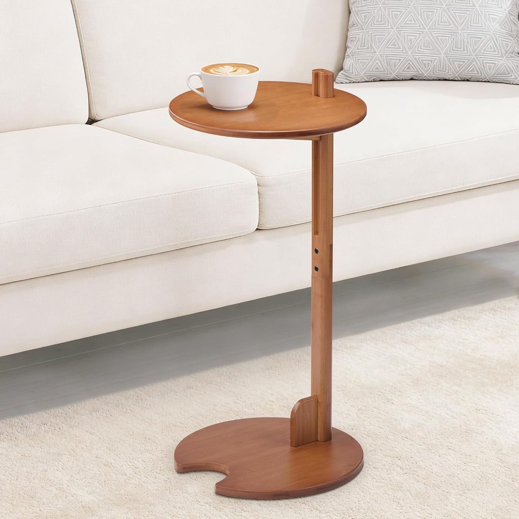 18–26" Height Adjustable Bamboo C-Shaped Side End Table for Sofa | Slides Under Couch; Round Solid Bamboo Top; Works as Laptop Desk & TV Tray; Space-Saving for Small Living Rooms and Bedrooms