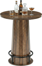 LITTLE TREE 31.5'' Round Bar Table, 37.4" H Wood Pub Table with Metal Ring Footrest, Industrial Farmhouse Bar Table for Kitchen, Dining Room, Pub, Rustic Brown(Only Table)