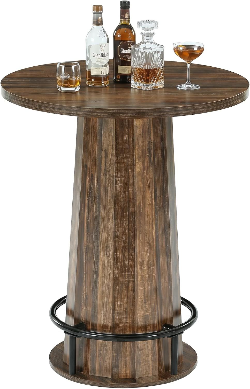LITTLE TREE 31.5'' Round Bar Table, 37.4" H Wood Pub Table with Metal Ring Footrest, Industrial Farmhouse Bar Table for Kitchen, Dining Room, Pub, Rustic Brown(Only Table)