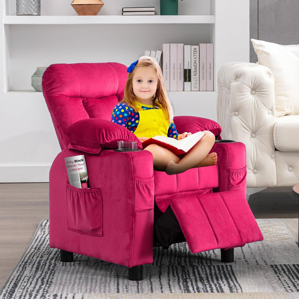 Kids Recliner, Toddlers Kids Recliner Chair with Cup Holder, Ergonomic Adjustable Velvet Lounge Chair with Footrest & Side Pockets, Toddlers Baby Sofa for Boys Girls Bedroom (Rose Pink)