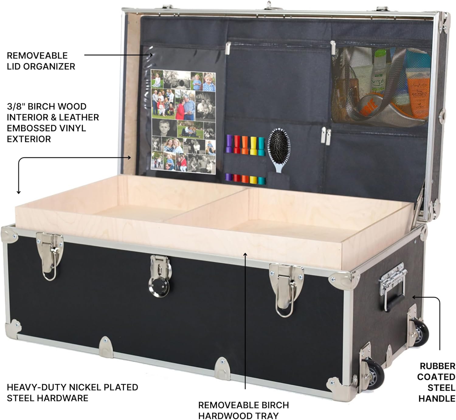 Large Essential Trunk With Wheels, Tray, & Lid Organizer - 32"x18"x14", 1000+ lbs Capacity. Strong, USA Made Summer Camp Footlocker, and Secure College Dorm Storage Chest