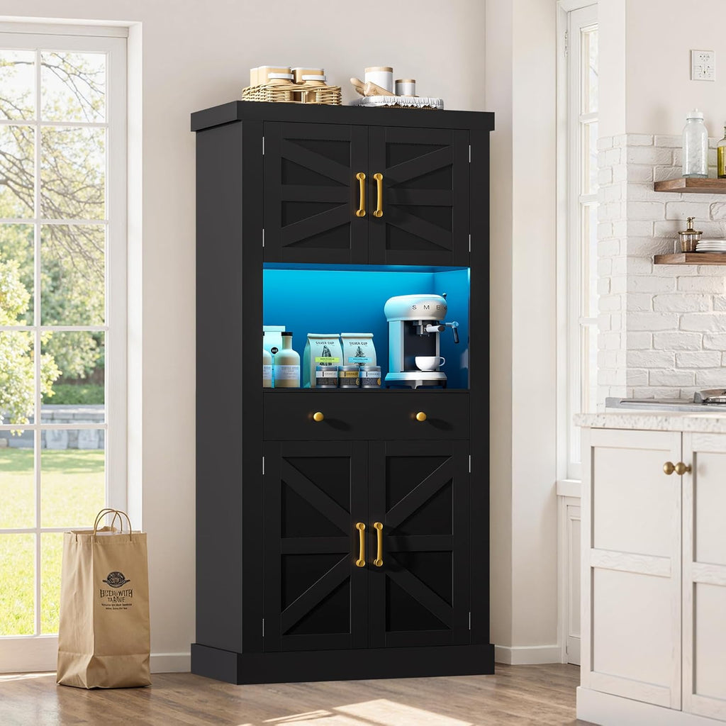DINGIPP 73" Pantry Cabinet with Charging Station & LED Light, Tall Kitchen Pantry Cabinet with Microwave Stand and 1 Large Drawer, Kitchen Storage Cabinet with 4 Doors for Kitchen, Dining Room, Black