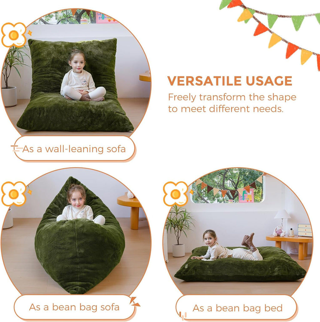MAXYOYO 3 in 1 Kids Bean Bag Chair, Child Floor Sofa for Gaming, Reading, Faux Fur Floor Couch with High-Density Foam Filling for Living Room Bedroom