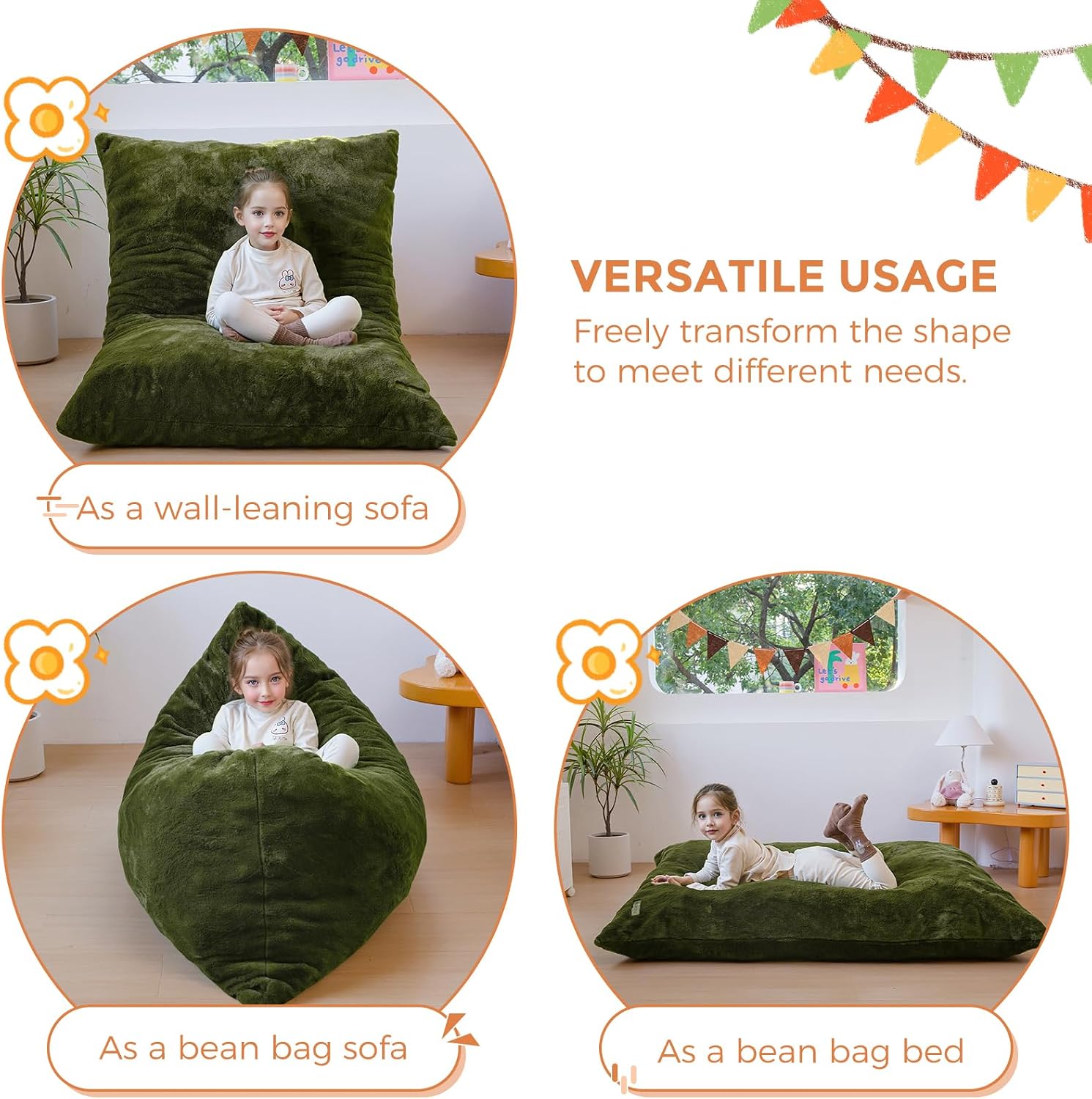 MAXYOYO 3 in 1 Kids Bean Bag Chair, Child Floor Sofa for Gaming, Reading, Faux Fur Floor Couch with High-Density Foam Filling for Living Room Bedroom