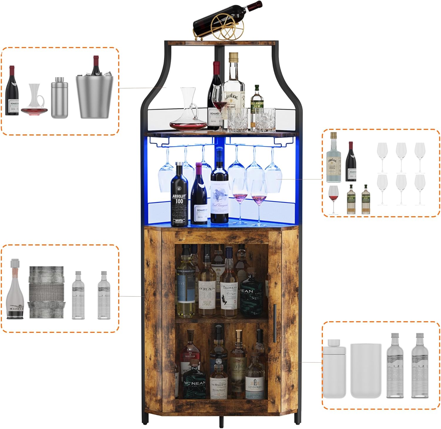 GAOMON Corner Bar Cabinet with LED Strip and Glass Holder, Industrial Wine Cabinet with Adjustable Shelf, 5-Tier Liquor Cabinet for Home, Rustic Brown