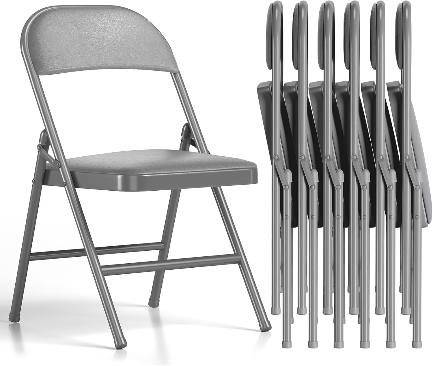 SKONYON Padded Folding Chairs Set of 6, 450LBS, PU Cushion, Gray | 6 pack gray folding chairs with cushioned seat & back, heavy duty steel frame, for party, dining & bulk event seating