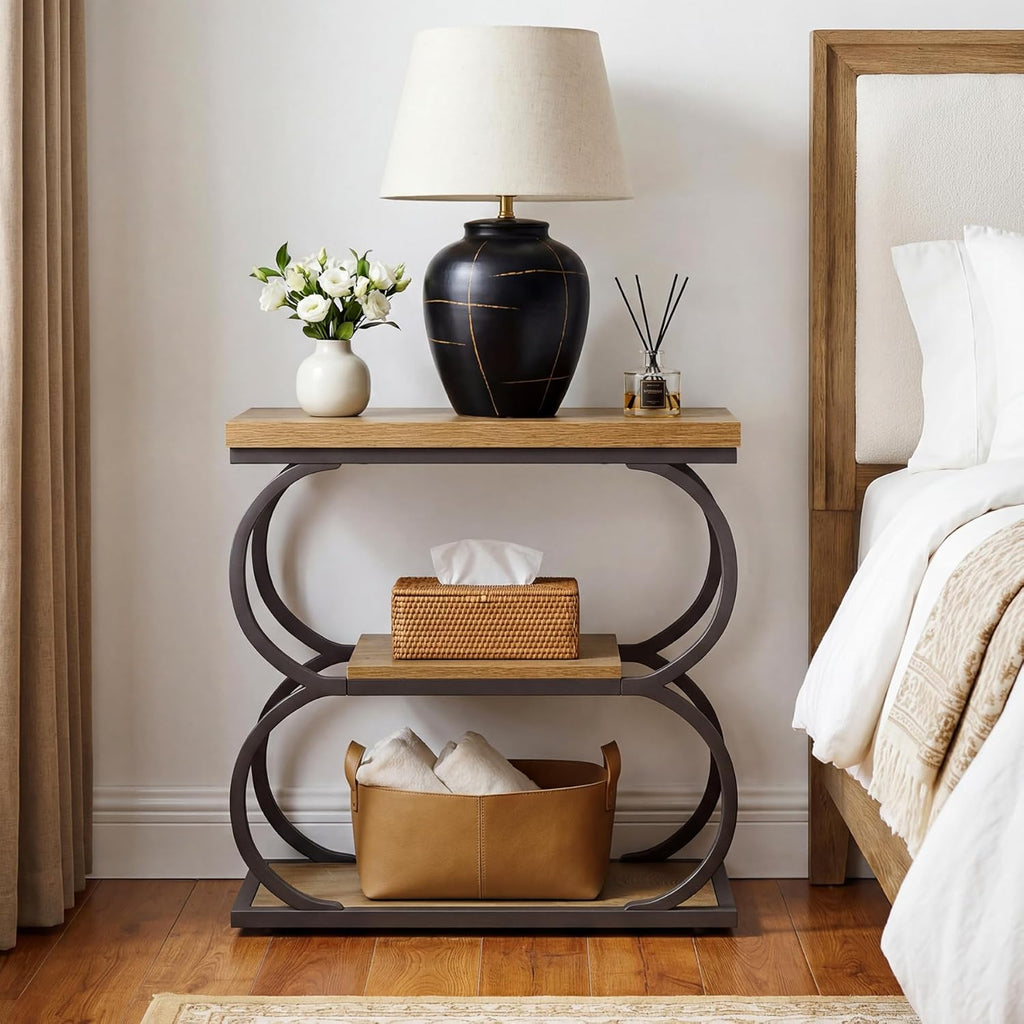 LITTLE TREE Narrow Side Table, 3-Tier Skinny Wooden End Table for Living Room, Slim Metal Nightstand for Small Space, Couch, Bedside, Home Office, Rustic Brown