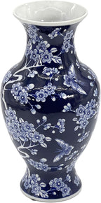 Galt International 14” Hand Painted Chinoiserie Ceramic Vase – Antique Style Porcelain Flower Bottle by Galt International, Fishtail Chinese Vase for Home Decor & Centerpiece - Dark Blue Floral