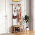 GIANTEX 3-in-1 Hall Tree with Bench and Shoe Storage, 11 Hanging Rods | Bamboo Coat Rack Freestanding w/ PE Rattan Bench & 3-Tier Shoe Rack, Narrow Mudroom Storage Organizer for Entryway Bedroom