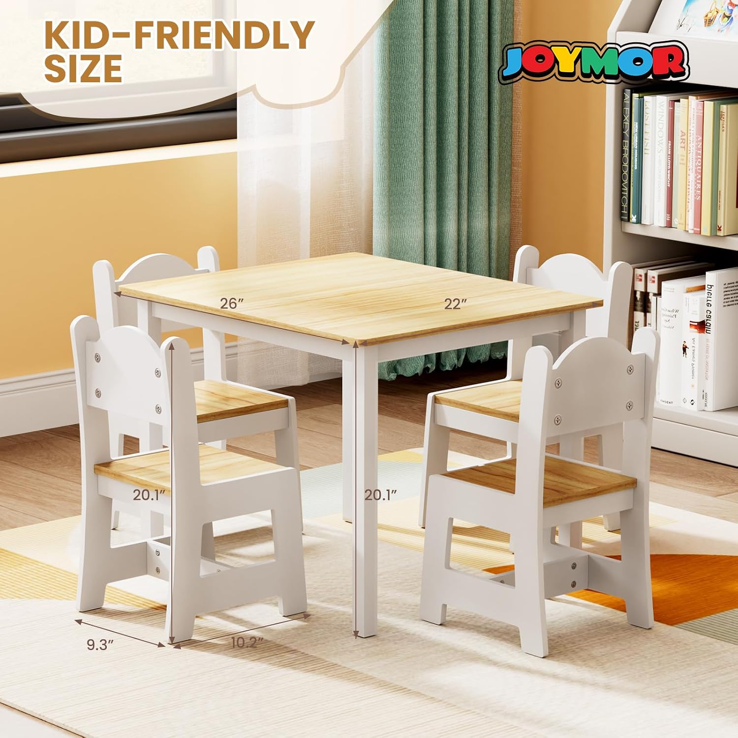 JOYMOR Kids Table and 4 Chairs, Toddler Table and Chair Set, Wooden Activity Table for Children with Chairs, Perfect for Arts, Crafts and Nursery Use, Natural & White