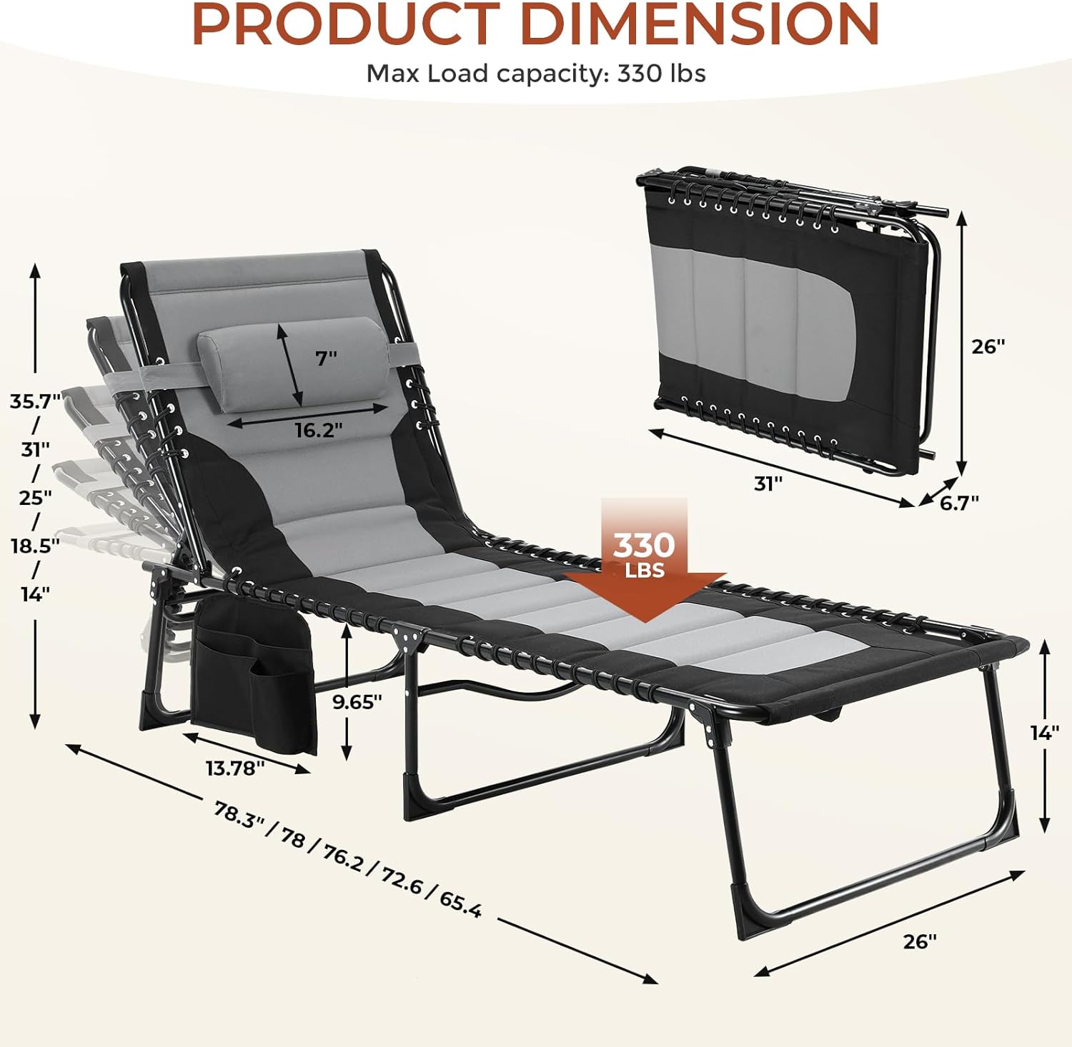 TLSUNNY Padded Folding Lounge Chair, Portable Reclining Chair with Pillow & Side Pocket, Outdoor 5-Position Adjustable Chaise Lounger with Carrying Handle, for Beach, Pool, Sunbathing (Black & Gray)