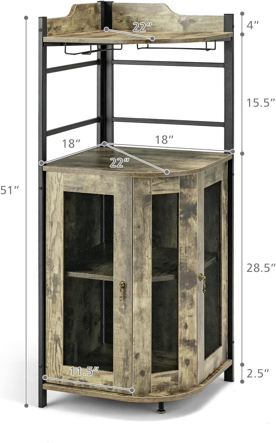 Giantex Corner Bar Cabinet with Glass Holder, Industrial Wine Cabinet with Metal Mesh Doors & Adjustable Shelf, Buffet Cabinet with Anti-tip Kit for Home Kitchen Dining Room Bistro