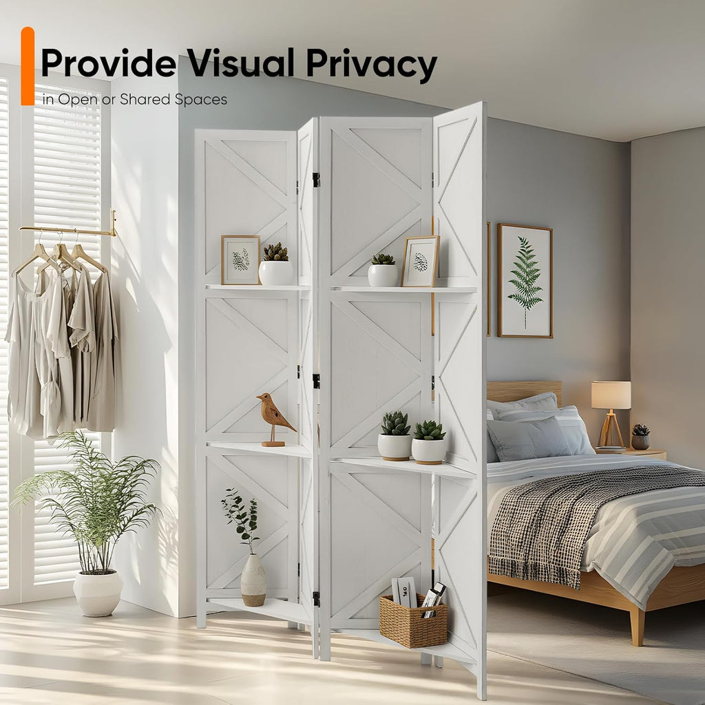 Modern Room Divider with Shelves, White X-Shape Design Folding Partition, 8-Panel Contemporary Freestanding Divider for Bedroom&Office, 67" H x 125.6" W(Two Independent 4-Panel partitions)