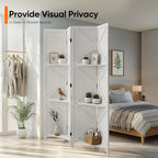 Modern Room Divider with Shelves, White X-Shape Design Folding Partition, 8-Panel Contemporary Freestanding Divider for Bedroom&Office, 67" H x 125.6" W(Two Independent 4-Panel partitions)