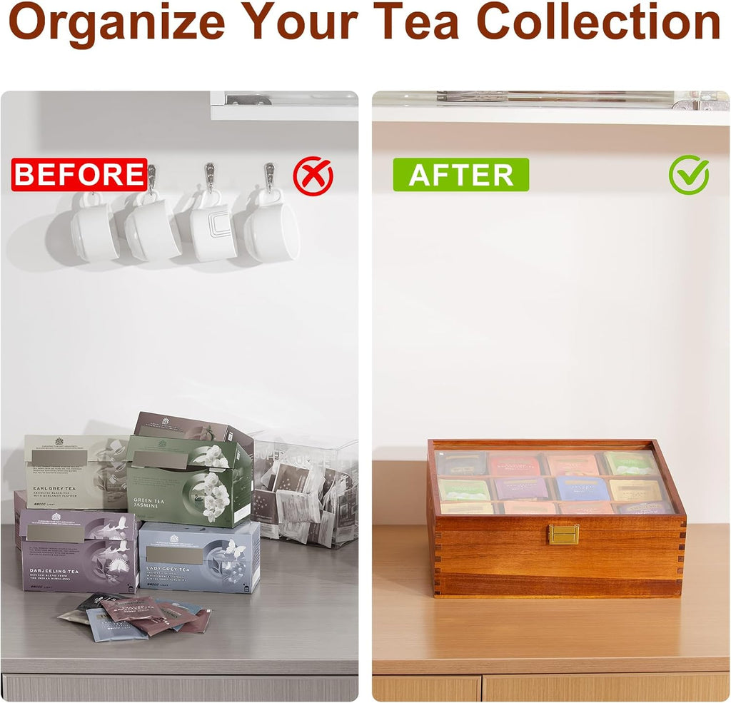 HouseJoy Wood Tea Bag Organizer: 12 Compartments with Clear Glass Lid | Acacia Wood-Large Capacity-Tea Bag Storage Holder for Countertop Kitchen Pantry-Gift For Tea Lover-Keep Tea Bag Fresh