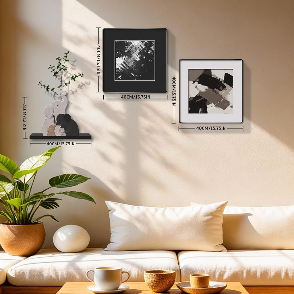 3-piece Bohemian gallery wall decoration set, 2 high-definition crystal porcelain frame abstract prints+wooden elephant sculptures+artificial green plants, soft black border frame, minimalist wall art for living room and bedroom entrances
