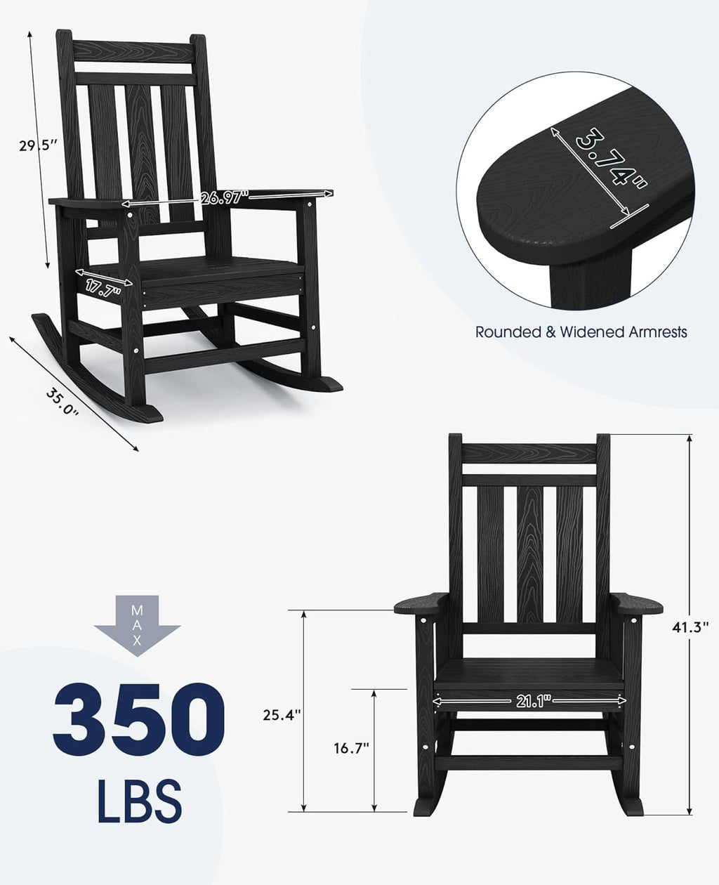KINGYES Oversized Outdoor Rocking Chair Set of 2, All-Weather Patio Rocking Chairs for Porch, HDPE Outdoor Patio Recliner Rockers with High Back & Wide Seat for Garden, Lawn, Black