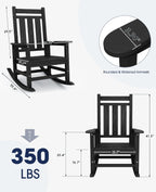 KINGYES Oversized Outdoor Rocking Chair Set of 2, All-Weather Patio Rocking Chairs for Porch, HDPE Outdoor Patio Recliner Rockers with High Back & Wide Seat for Garden, Lawn, Black