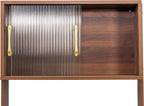 71" Kitchen Hutch Cabinet with Storage Pantry Storage Cabinet with Striped Glass Doors, Pegboard, Open Shelf and Countertop, Cupboard for Kitchen Dining Room, Walnut