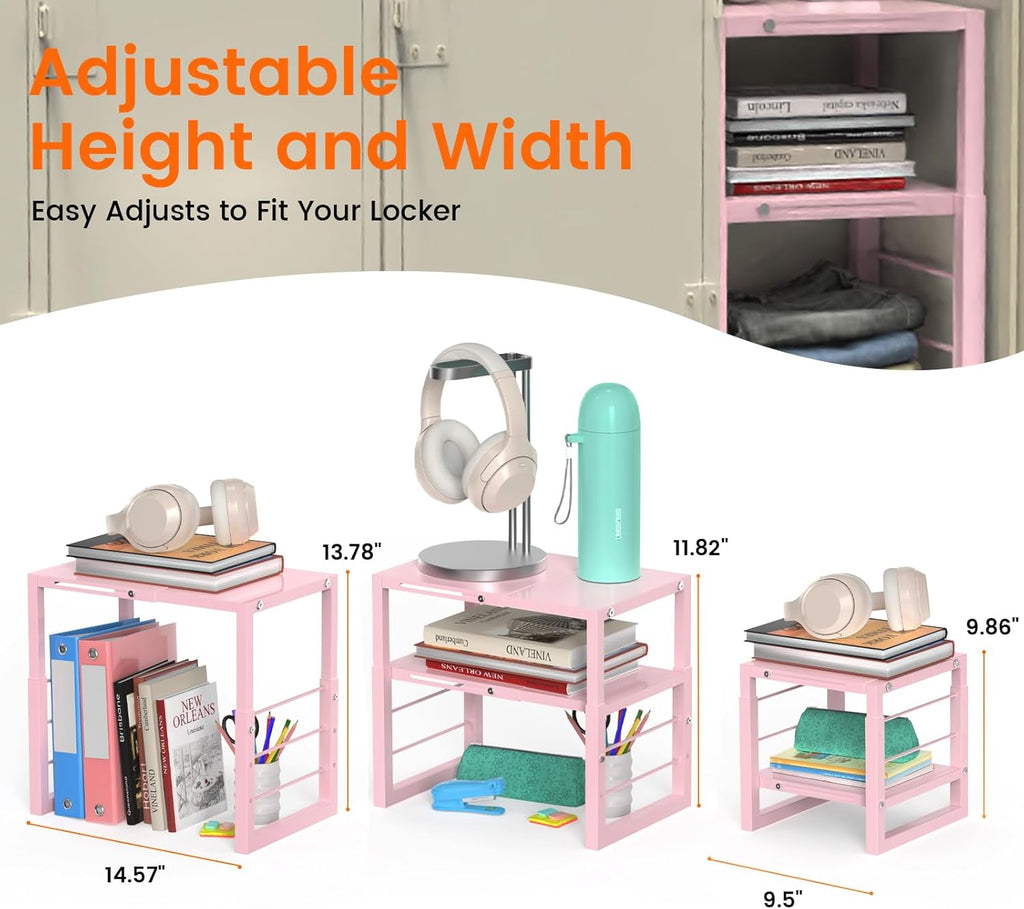 LIDTOP Locker Organizer Shelf Pink, Adjustable Width and Height, Stackable Metal Locker Storage Organization, Ideal Locker Fits Standard Size School, Office, and Gym Lockers