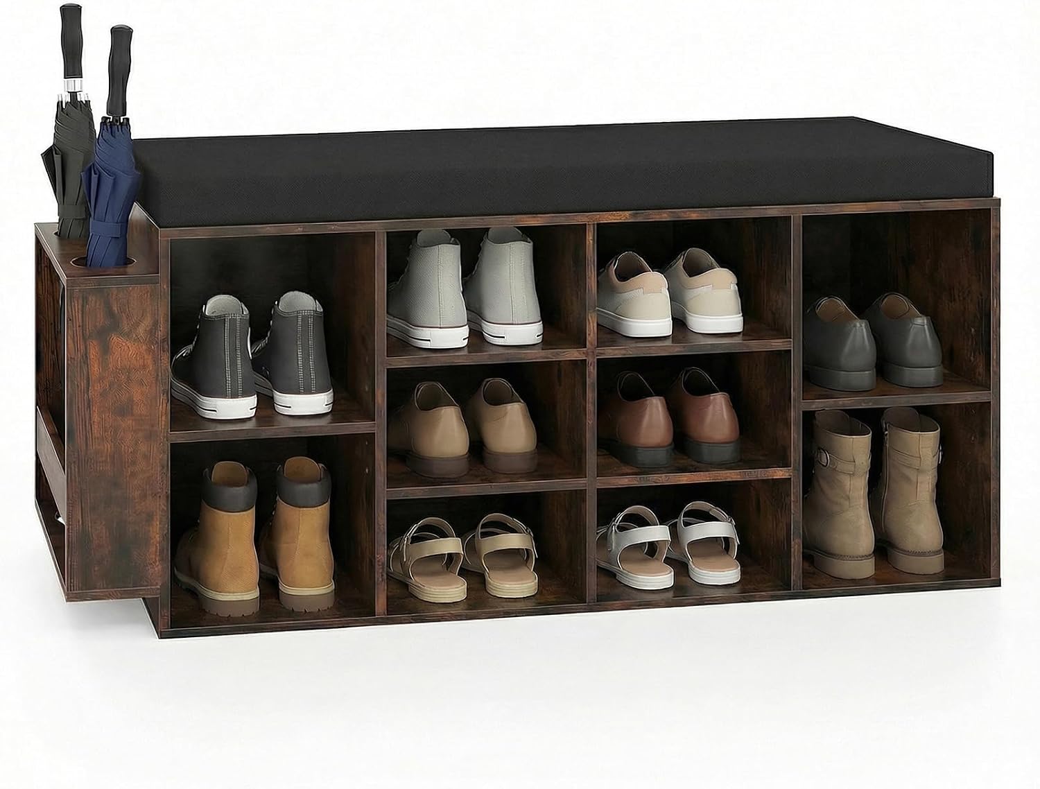 Tangkula Shoe Storage Bench with Umbrella Holder, 40" Shoe Organizer with Cushioned Seat, 10 Cubbies & Adjustable Shelves, Wooden Industrial Shoe Rack for Entryway, Living Room, Bedroom (Rustic Brown)