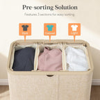 Lifewit 185L Large 3 Section Laundry Hamper with Lid, Plastic Laundry Basket with Bamboo Handles and Removable Bags, Tall Foldable Clothes Hamper for Bathroom Bedroom, Beige