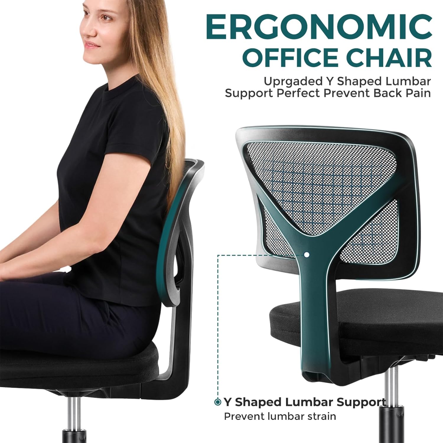 DUMOS Small Office Chair Armless, Ergonomic Adjustable Home Office Swivel Rolling Task Chair No Arms, Comfy Mesh Mid Back Computer Work Vanity Desk Chiars with Wheels for Small Spaces, Inky