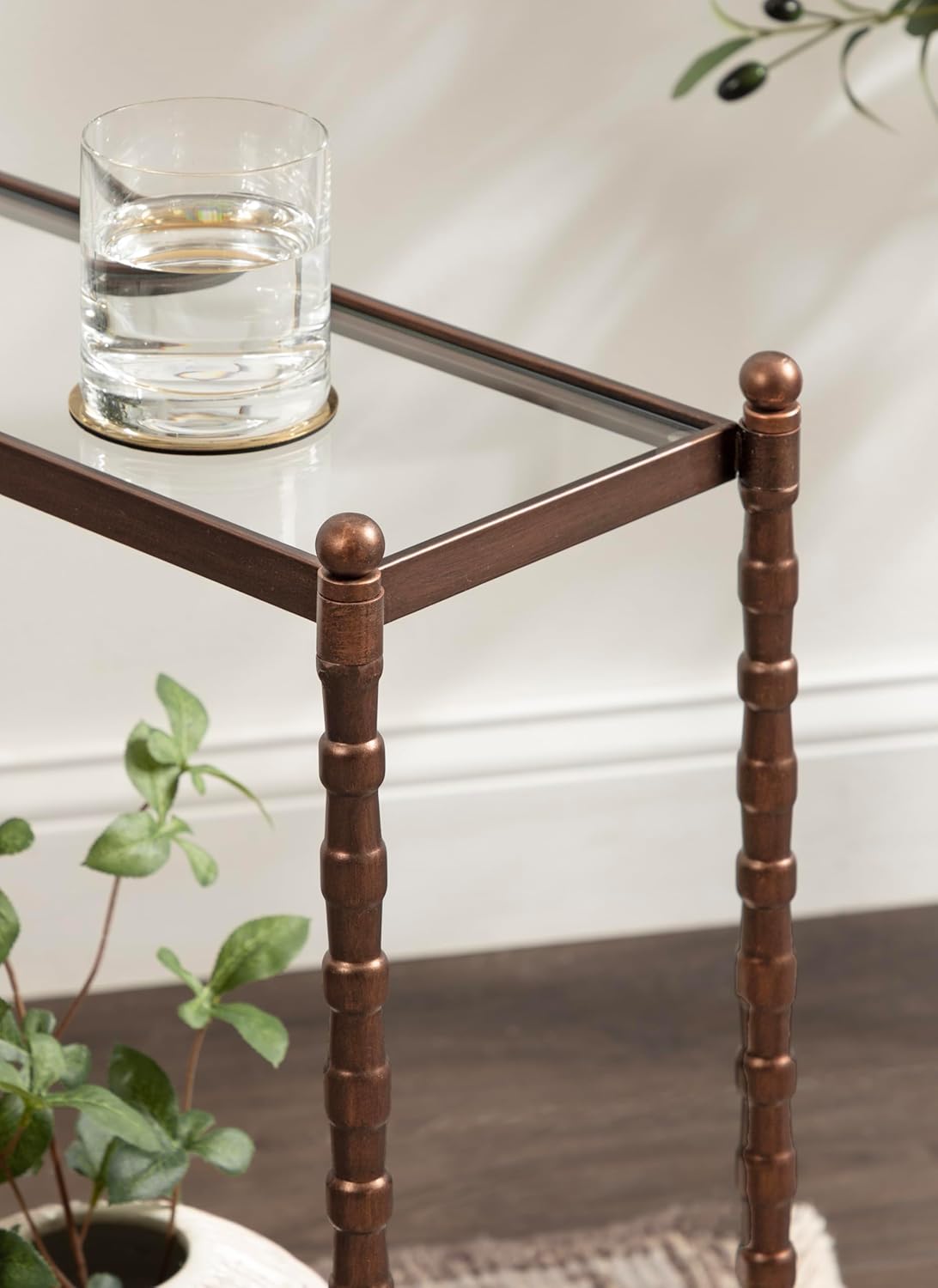 Kate and Laurel Prisha Traditional Metal Narrow Side Table, 18 x 8 x 25, Clear Glass and Bronze, Vintage Rectangle Skinny Bedroom Nightstand with Glass Tabletops for Use as Living Room End Table