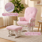 Boshen 5PCS Glider Rocker Replacement Cushions with Ottoman Cover, Tufted High Back & Teddy Plush Rocking Chair Cushion Set, Thickened 3.5'' Glider Cushions with Side Pockets for Indoor Nursery, Pink